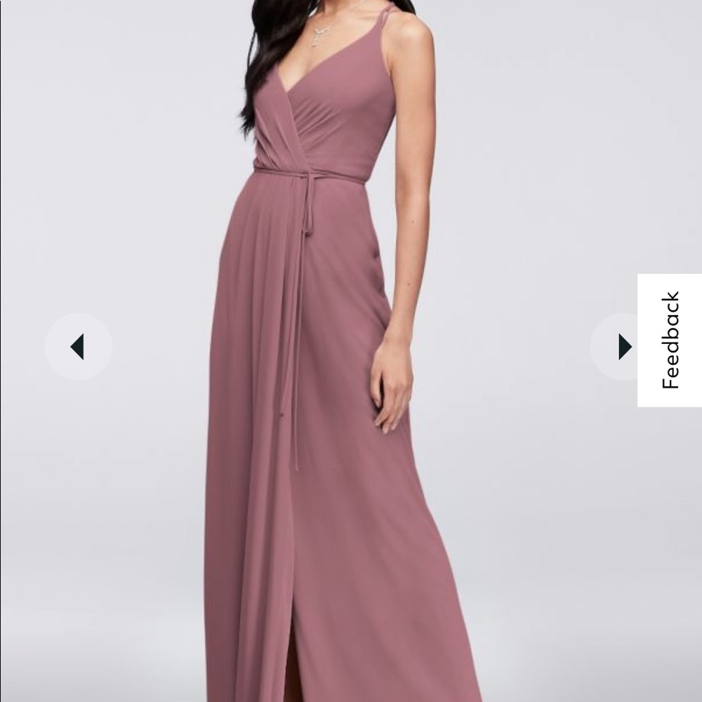 David’s bridal double-strap long draped bodice bridesmaid dress quartz